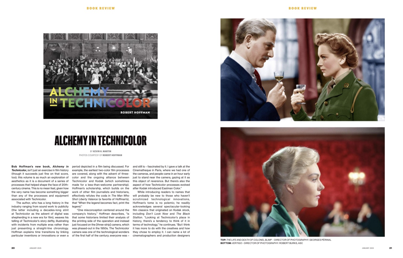 ICG Magazine, January 2025: opening spread of Kevin Martin's feature on Alchemy in Technicolor, showing the book's cover